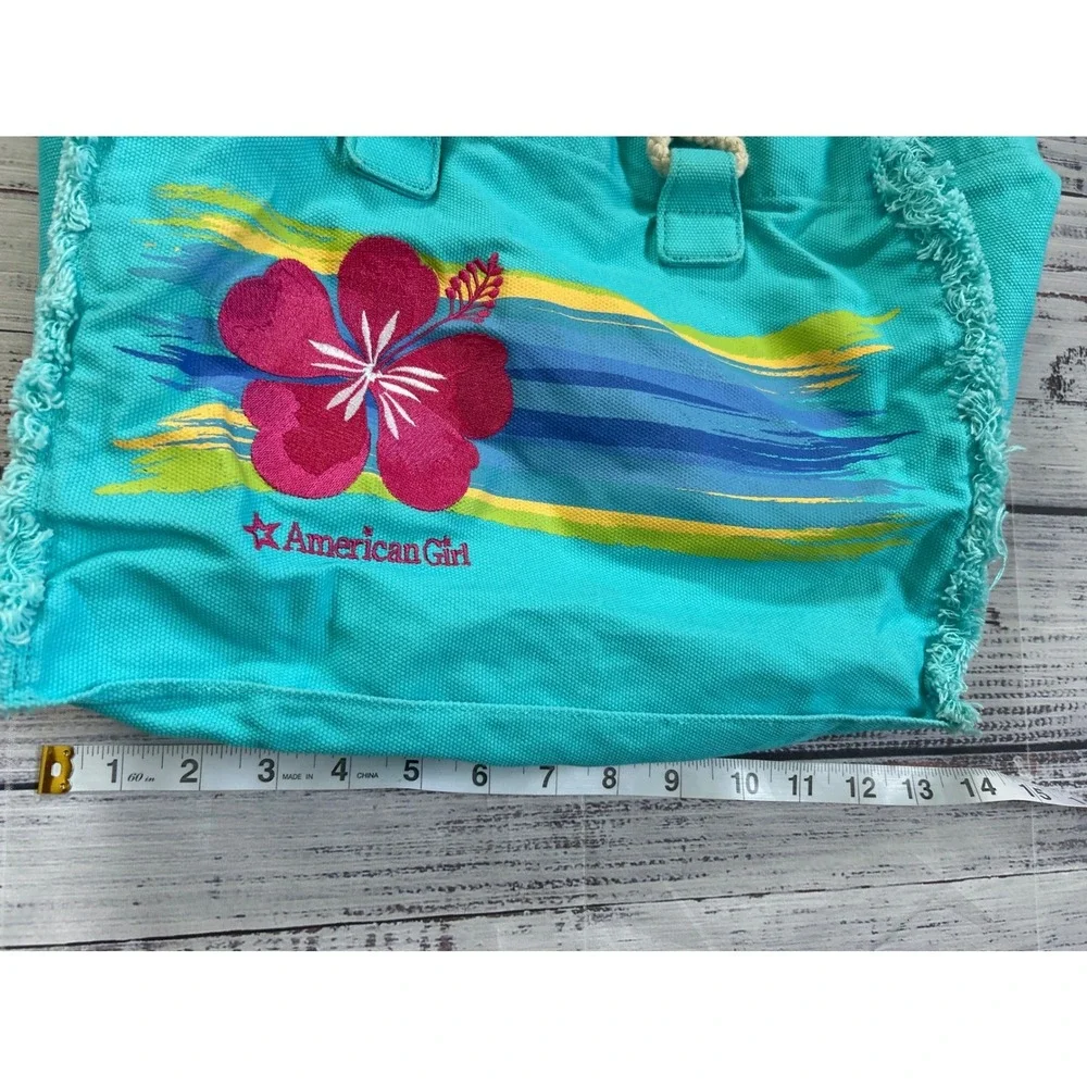 American Girl Tote Bag Kids Teal Hibiscus Flower Frayed Canvas Rope Handles